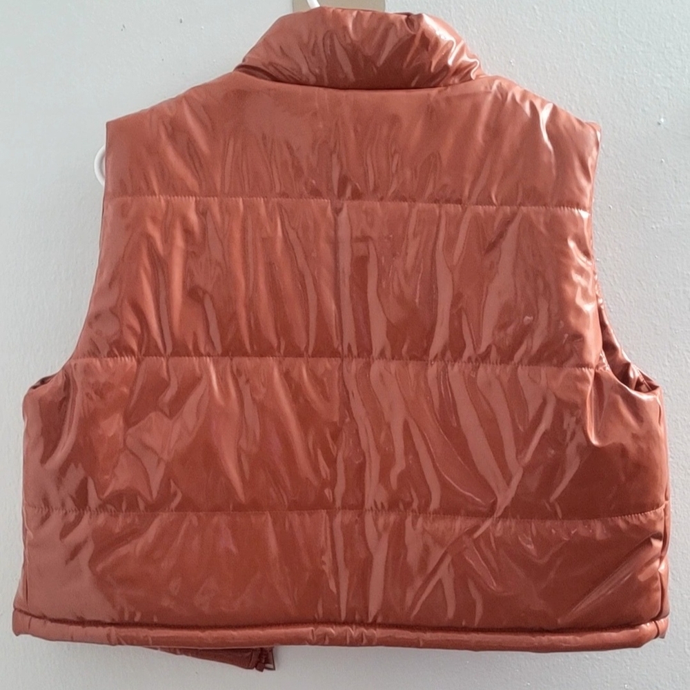 Women's Shiny Cognac Cropped Puffer Vest - Picture 3 of 3